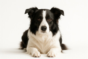 Border Collie lying down looking at camera on white