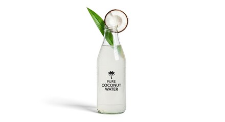 Refreshing pure coconut water in a clear glass bottle garnished with fresh coconut slice and tropical leaf, perfect for healthy lifestyle branding and summer promotions.