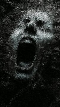 Creepy Scene with Screaming Human Face Entangled in Web-Like Fibers with Cracked Texture Rendered in Monochrome High Contrast, Animation Made of Sharp Fragments