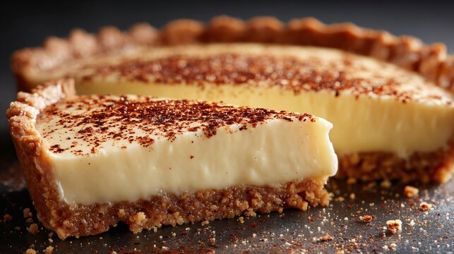 A delicious eggnog cream tart with nutmeg powder, soft lighting