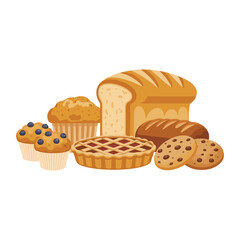 Bakery products collection with bread and cookies vector illustration A fresh baked goods set for a pastry shop menu
