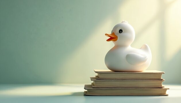 White rubber duck sits on stack of books indoors. Illustration conveys peaceful quiet serene mood, concepts of nostalgia childhood. Image evokes feelings of contemplation learning. Soft lighting