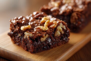 Close-up of a rich chocolate brownie with walnuts, moist interior and glossy top