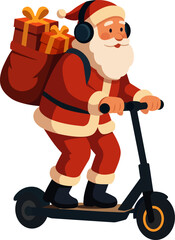 Minimalist flat vector of Santa Claus delivering gifts on an electric scooter. Great for festive web banners, digital cards, or Christmas delivery themes.