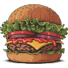 Gourmet cheeseburger with fresh lettuce and tomato vector illustration A delicious American fast food sandwich for a restaurant menu
