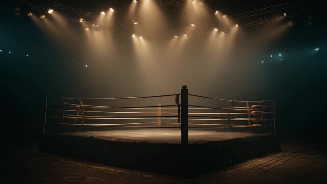 An empty boxing ring stands ready for combat under bright arena lights, with ropes and padded corners in a darkened space
