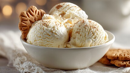 A tasty eggnog ice cream scoops in bowl, cookie garnish, neutral background
