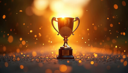 Golden award trophy on a blurred bokeh background. The image represents achievement success victory and triumph. The trophy glows in the bright light during celebration time.