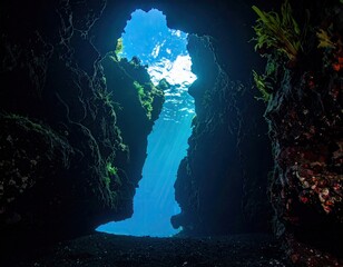 Sunlight streams through underwater cave opening