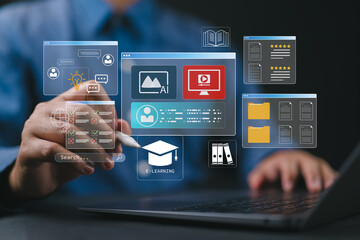 Man or student use laptop for e-learning education learning and training online with webinar, video tutorial, internet lessons and online course application