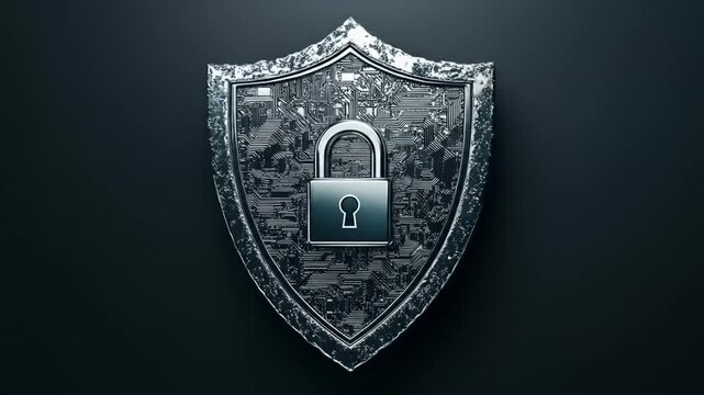 Digital security concept of shiny metal shield with circuit pattern and padlock