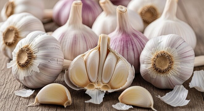 Fresh garlic bulbs and cloves artfully arranged on rustic wooden surface, ready for culinary creation and healthy cooking inspiration