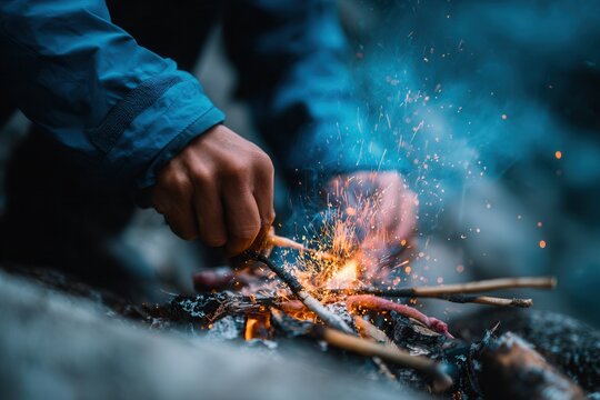 Closeup of hikers hands roasting food on stick over campfire, glowing embers and sparks rising, rugged outdoor cooking moment, survival detail - Powered by Adobe