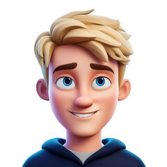 Young man 3d icon character with blonde hair and blue eyes smiling expressing transparent emotion on happy background