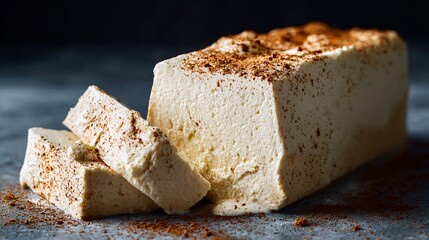 An eggnog semifreddo loaf sliced diagonally, minimal aesthetic