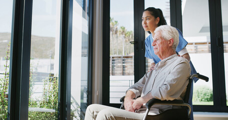 Wheelchair, nurse and senior man by window for support, care and medical service. Healthcare,...