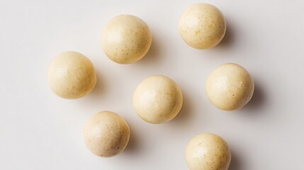 Fototapeta premium A delicious eggnog truffle candies, matte white background, top-down layout