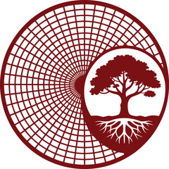 Vector Red Earth and Tree Logo: Global Grid Background with a Rooted Tree Silhouette in a Circular Icon.