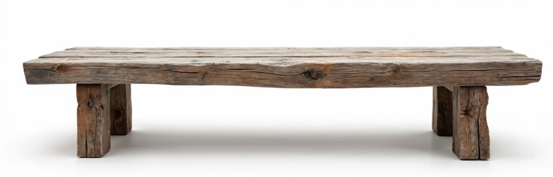 Isolated aged wooden bench seen. Weathered rustic wood bench with timber texture on white backdrop. Vintage park bench shows nature detail. Simple furniture component object for interior design