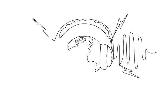 Animation of continuous one line drawing globe wearing headphones with loud sound effects around headphones. World also needs quietude. National Save Your Hearing Day. Full length motion