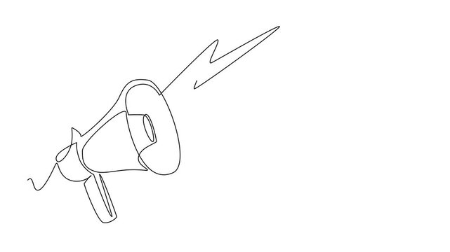 Animation of continuous one line drawing megaphone with loud thunder sound effects. Voice enhancer when giving a speech. Demonstration. National Save Your Hearing Day. Full length motion