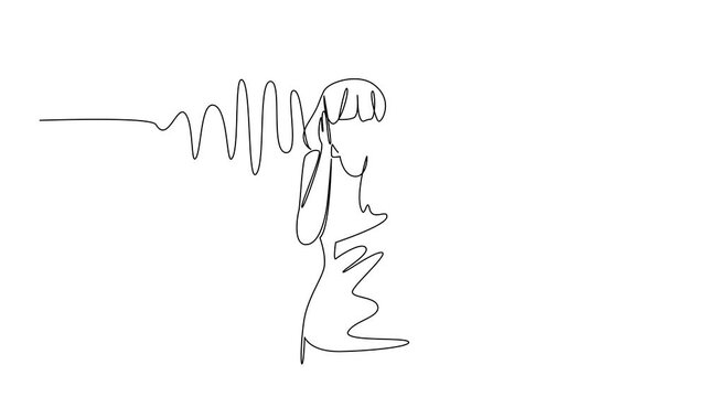 Self drawing animation of single continuous line drawing a young woman in casual clothes holds ears with both hands and sound wave effects. National Save Your Hearing Day. Full length animated