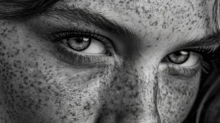 Close-up grayscale portrait of a woman's eyes and freckled skin.