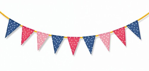 Fototapeta premium Festive bunting flags hang on string for celebration. Colorful blue red pink pennants with polka dot pattern for decoration. Holiday party garland for birthday carnival fair. Triangle banner design