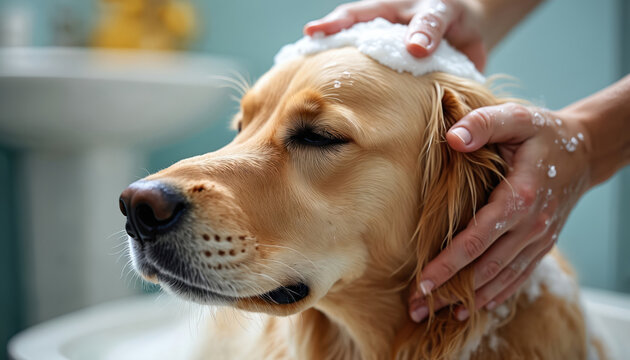 Golden retriever dog gets a bath with shampoo and soap suds. Hands gently wash its head and ears in a grooming salon. Water splashes creating bubbles during pet cleaning.