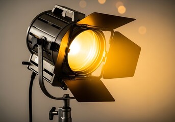 Professional stage spotlight illuminates with warm yellow light and adjustable barn doors