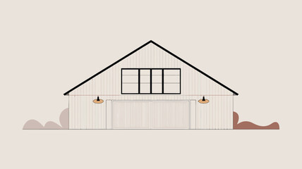 Illustration of a white barn with a black roof and a window above the closed garage doors