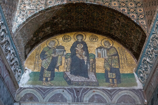 Byzantine mosaic of Mary and emperors in Hagia Sophia, Istanbul