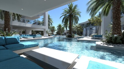 Fototapeta premium Luxurious resort pool with waterfalls and lounge seating.