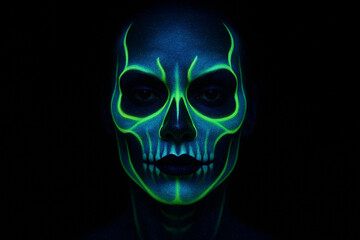 Neon green skull UV makeup on dark background