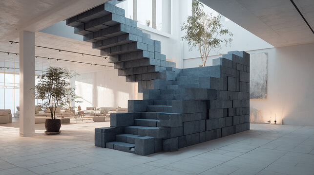 A modern staircase made of stone blocks inside a contemporary building