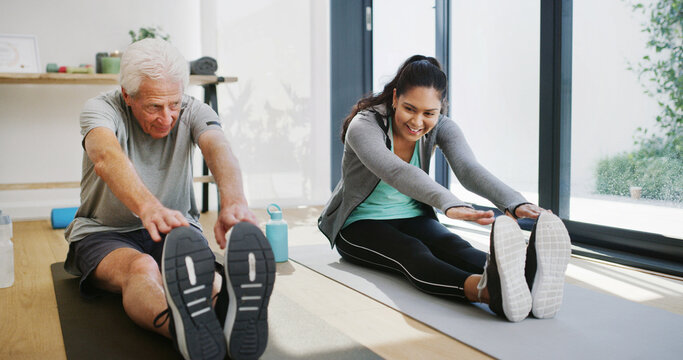 Stretching, physiotherapist and workout with old man, clinic and exercise to improve posture or heal. Fitness, wellness and elderly patient with woman, retirement and training for rehabilitation