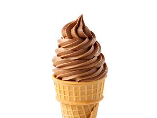 Delicious chocolate ice cream cone isolated on transparent background, crispy waffle cone dessert for summer, cafe, and advertising design projects.