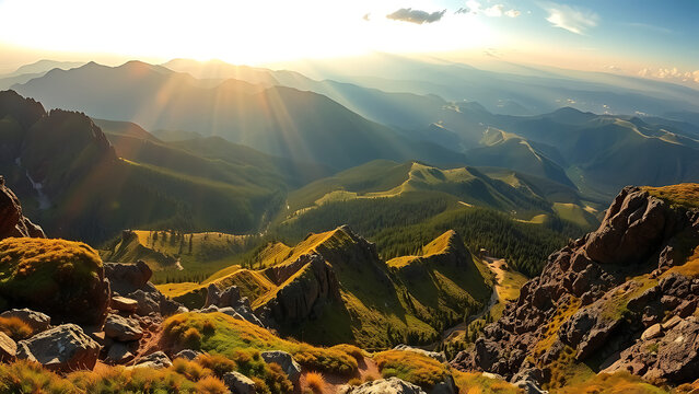 Rolling hills and majestic mountains under a soft, golden sky at sunrise or sunset, creating a peaceful and inspiring natural setting.