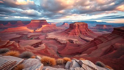 Lush green mountains and valleys under a soft, diffused sky, with sunbeams breaking through, creating a tranquil and ethereal vista.