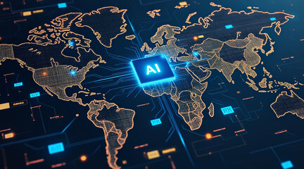 AI chip export concept ,AI chip map global network digital circuit data flow world map neon glow technology surge innovation