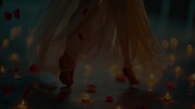 Graceful dancer twirls amidst flickering candles and scattered rose petals, a magical evening unfolds