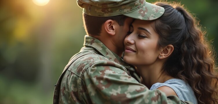 Soldier embraces partner outdoors in warm sunlight. Woman closes eyes feeling deep affection and connection with man in uniform, cherishing moment. - Powered by Adobe