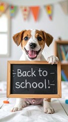 Happy Puppy Holding Back To School Sign