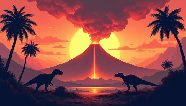 Prehistoric landscape illustration shows active volcano erupting with bright lava flow. Two large dinosaurs stand on land near calm water surface. Palm trees silhouette against dramatic orange sunset