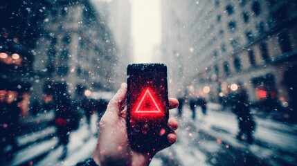 Person holding phone with red triangle warning icon during snowfall.