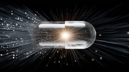 Obraz premium Vitamin D supplementation concept , Radiant capsule burst, glowing pill, energy spark, light ray, medicine, sci fi, black