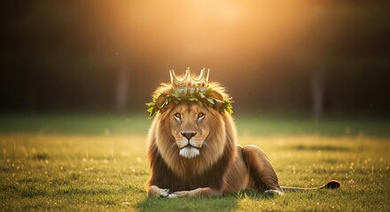 Powerful lion king wearing golden crown and laurel wreath sits peacefully on grassy field at sunrise