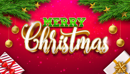 Merry Christmas and Happy New Year Greeting Card Banner with Fir Branch and 3d Typography Lettering on Red Background. Vector Xmas Holiday Season Design with Decoration Elements for Party Flyer