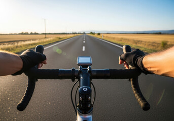 First person view of cycling on an open road at sunset