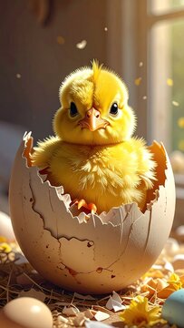 Fluffy Yellow Chickling Emerging from Eggshell
